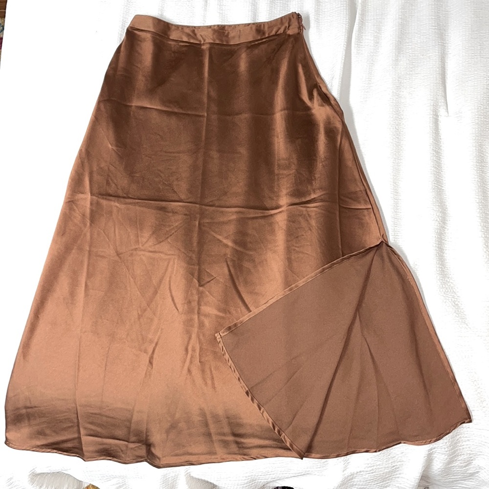 Brown, Satin Midi Skirt, Size Small